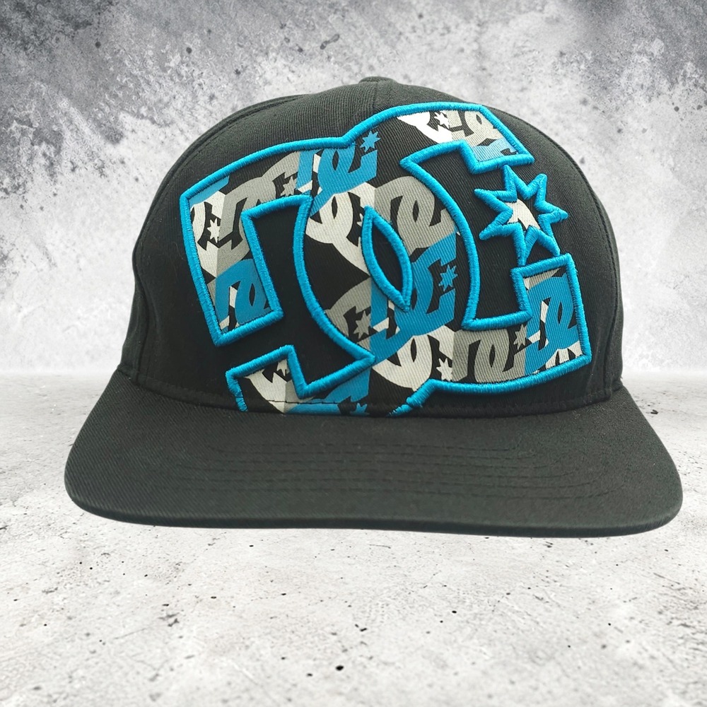 DC Shoes Flexfit Hat Black Teal Turquoise Camo Big Logo Skateboard Cap S/M